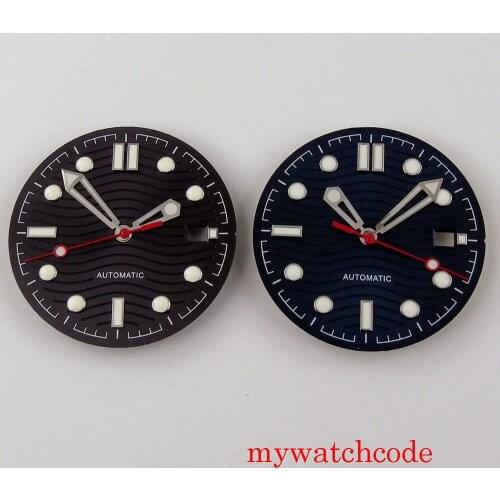 BLIGER 31mm Black Sterile Watch Dial With Date Window Wave Patterrns Wristwatch Hands Fit NH35 Automatic Movement