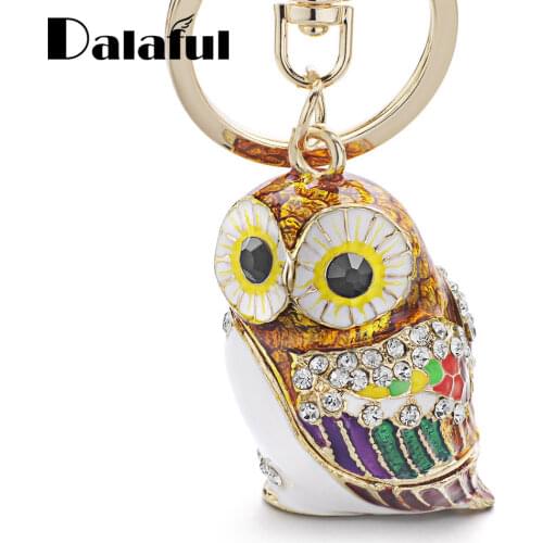 Dalaful Fashion 3D Owl Keyrings Keychains Crystal Rhinestones Enamel Glazing Key Chain Ring Holder For Car K342
