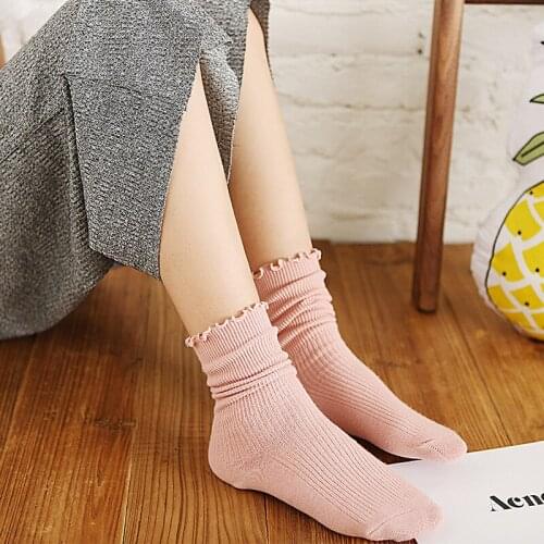 DOIAESKV Cotton Ruffles Socks Crew Lovely Frilly Edge Girls' Women Socks Sweet Casual Long Tube Lady Vintage Female Socks