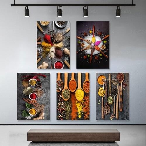 Home Decor Colorful Spice Powder Canvas Wall Art Pepper Hd Painting Wood Spoon Pictures Printing Modular Poster For Living Room