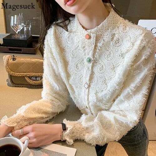 Early Autumn Elegant Womens Shirt Korean Style Stand Collar Hollow Out Lace Blouse Vintage Shirt Womens Long Sleeve Top 16899