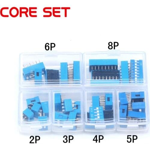 30PCS/LOT Dip Switch Kit In Box 2 3 4 5 6 8 Way 2.54mm Toggle Switch Red Blue Snap Switches Mixed Kit Each 5PCS Combination Set