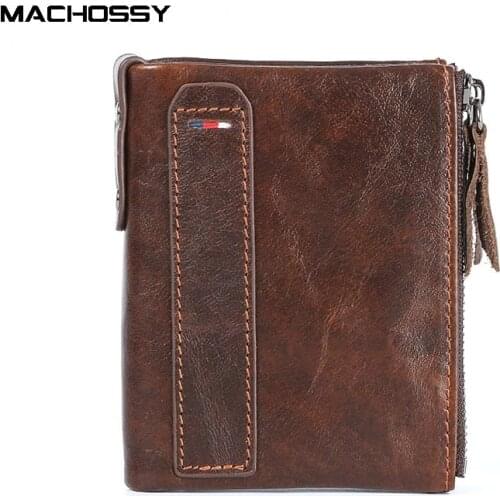 Genuine Leather Wallet Men Coin Purse RFID Protected Double Zipper Coin Pocket Wallet Mens Brand Design Vintage Leather Wallets