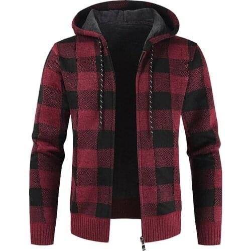 Mens Winter Hooded Fleece Sweatercoat Stitching Long sleeve Male Casual Plaid Streetwear Harajuku Thicken Cardigan Sweaters