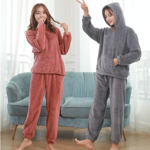 Womens Hooded Pajamas Sex Hot Sleepwear Set Women Flannel Solid color Pajama Set Long Top Hoody Pant warm Casual Big Homewear