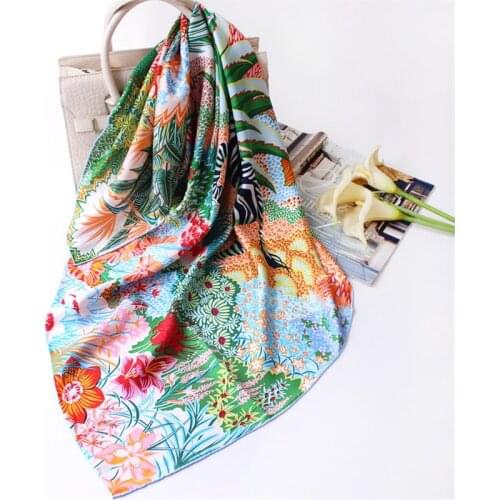 POBING 100% Real Twill Silk Scarf Women Foreast Zebra Print Square Scarves Wraps Hand Rolled Foulards Femme Bandana Hijab 90CM