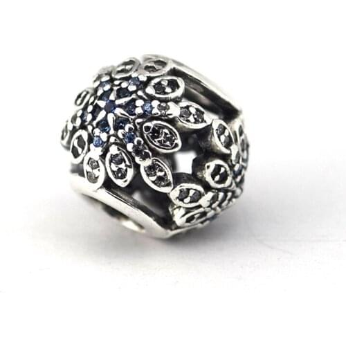 Fits Brand Bracelet 925 Silver Beads Openwork Snowflake Mixed Blue Shades Of Crystal And Cubic Zirconia DIY Fashion Jewelry