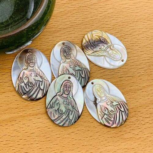 2PCS Natural Shell Jesus Charms Pendants God Necklace Black Mother Pearl Shell DIY Handmade Jewelry Findings Making Accessories