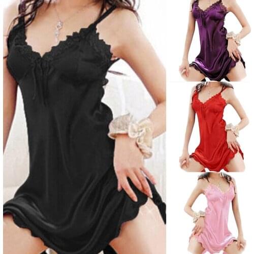 Sexy Lady Lingerie Hot Lace Exotic Babydolls Sleepwear Women Silk Satin Robe Underwear Night Dress Straps V neck Nightgown Dress