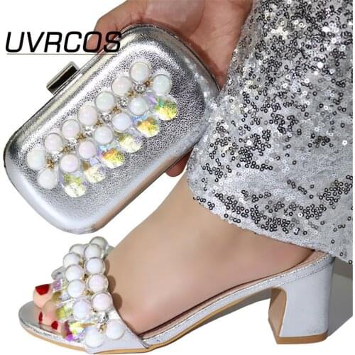 Silver Color Shoes and Bag Set African Sets 2021 Italian Shoes and Bags To Match Shoes with Bag Set Decorated with Rhinestone