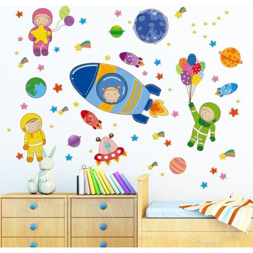 Cartoon Astronauts Outer Space Planets Wall Stickers DIY Children Stickers for Kids Rooms Baby Bedroom Decoration