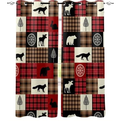 Animal Fox Bear Elk Tree Buffalo Red Plaid Blackout Curtains For Living Room Bedroom Printed Window Treatment Drapes Home Decor