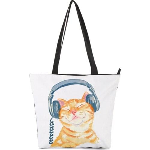 Cute Cat Printed Shopping Bag Eco Shopper Bags Tote Shoulder Bag Canvas Bag Women Casual Characters Large Capacity Totes Handbag