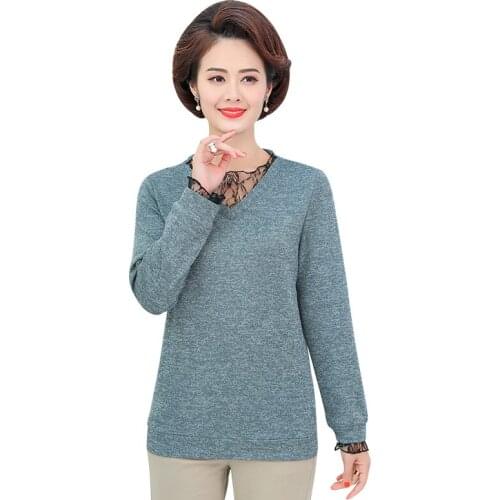 Lace Collar Patchwork Women T-shirt Long Sleeve Tops 2021 Spring Fall Middle Age Mother Clothes 5XL Large Size Female Pullover