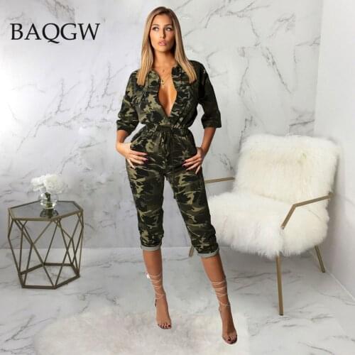Women Summer Jumpsuit Rompers Fashion V-neck Army Green Camouflage Print Womens High Waist Platsuit Calf-Length Denim Bodysuit