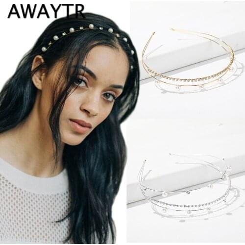 AWAYTR Korean Pearl Rhinestone Hairband for Women Wedding Hair Hoop Crystal Tiara Bridal Wedding Hair Accessories Headdress