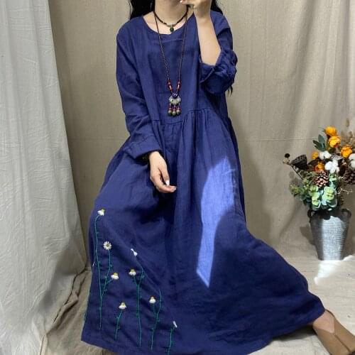Women Autumn Embroidered Solid Color Linen Dress Ladies Vintage Cotton Flax Dresses Female 2020 Spring Plus Size Dress
