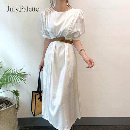 JulyPalette Elegant Ladies O-neck Dress Summer Cross Lace-up Bow Short Sleeve Female Casual Dress Chich White Women Maxi Dress