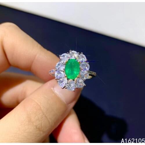 925 pure silver Chinese style natural Emerald womens luxury vintage flower oval adjustable gem ring fine jewelry support detect