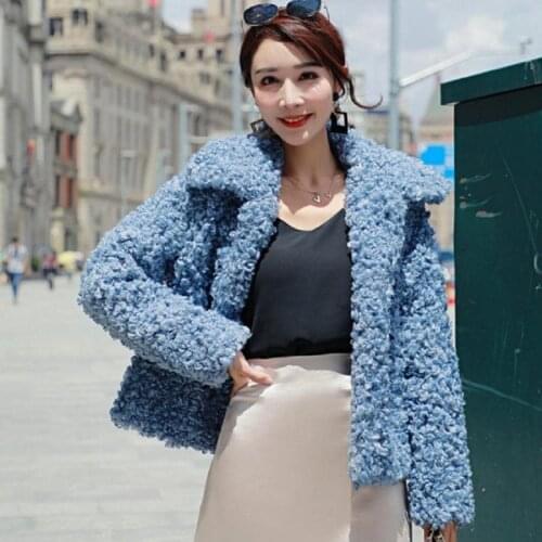 Winter womens faux fur coat Sheep curl fur jacket fashion slim long sleeve turn-down collar covered button casual outwear L1648