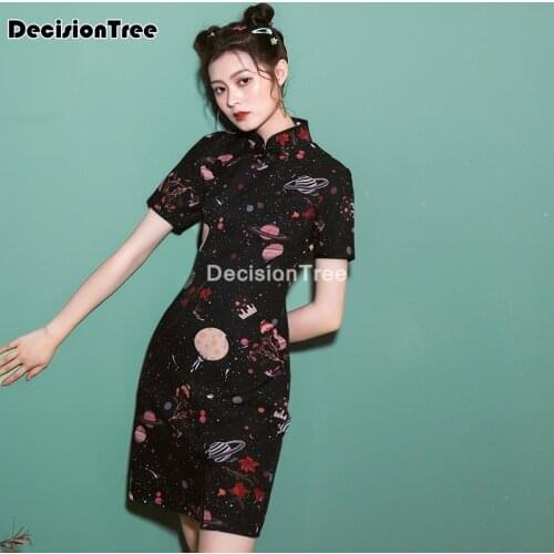 2021 women chinese dress morden improved cheongsam satin dress printing retro daily dress party dress split qipao for female