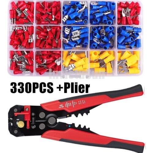 330PCS Insulated Cable Connector Electrical Wire Crimp Spade Butt Ring Fork Ring Lugs Terminals Wire Stripper Plier Tool Kit