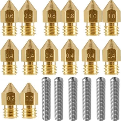 3D Printer Nozzles M6 Brass Extruder Nozzle Print Heads + 6Pcs 30MM Length Extruder 1.75MM Tube for MK8 Makerbot Reprap