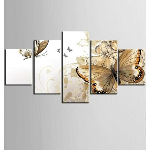 Golden Butterfly Flower 5 Panel Canvas Picture Print Wall Art Canvas Painting Wall Decor for Living Room Poster No Framed