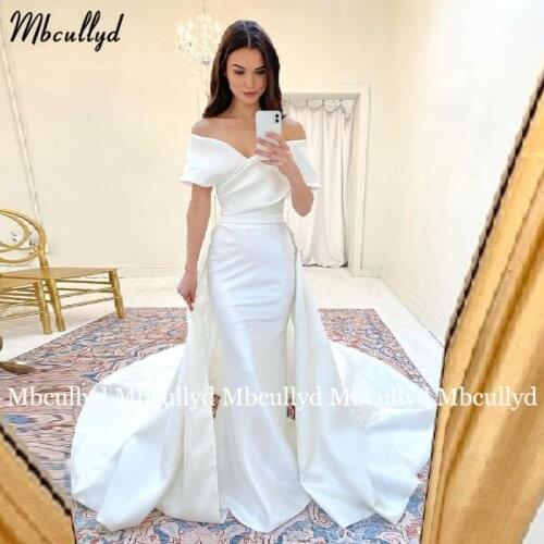 White Mermaid Wedding Dresses Off Shoulder 2021 V-Neck Satin Long Detachable Train African Women Formal Dress Party Gown