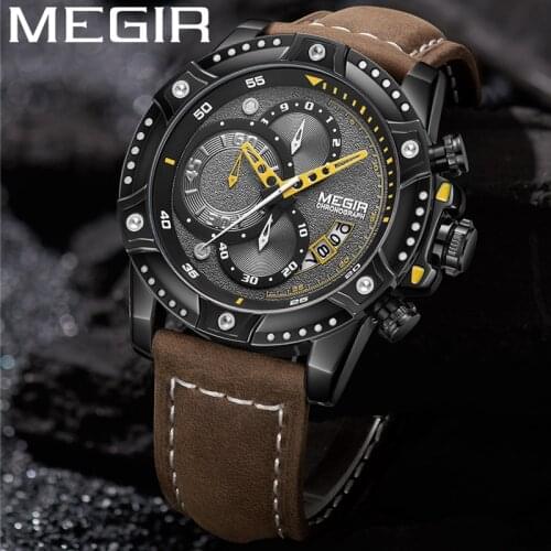 MEGIR Watch Men Chronograph Military 3D Face Male Clock Top Brand Luxury Genuine Leather Band Business Man Sport Wristwatch 2130