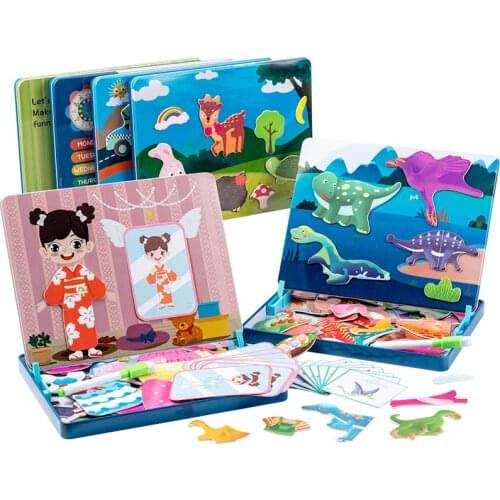 Kids Wooden Intelligent Magnetic Book 3D Puzzles Jigsaw Drawing Board Brain Training Game Early Educational Toys For Children