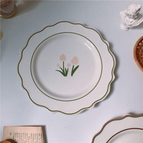 INS wind retro ceramic plate vintage creative breakfast home dish plate tulip cake dish