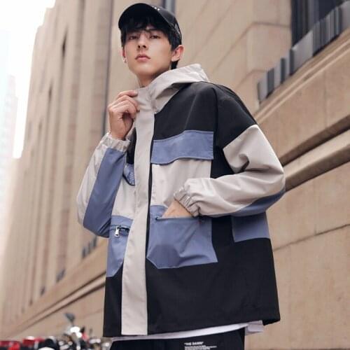 Hooded Color Block Jacket 2019 Autumn Casual Windbreaker Men Cargo Bomber Jackets Loose Hoodie Coats Streetwear Hiphop KK3086