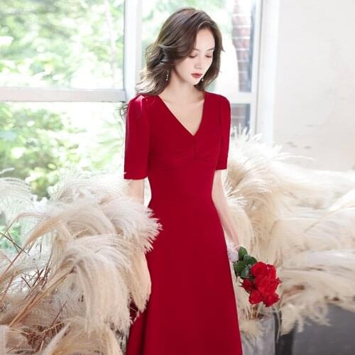 ETESANSFIN Summer Satin Wine Red Toast /Wedding/Engagement/Daily Life/Birthday Women’s Dress-Sexy V-Neck (Regular-Plus Both Ok)