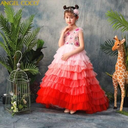 Fashion Flower Girl Dress Orange gradient feather Sequined Wedding Party Dress Princess Dresses Clothes Party Wear Robe Fille