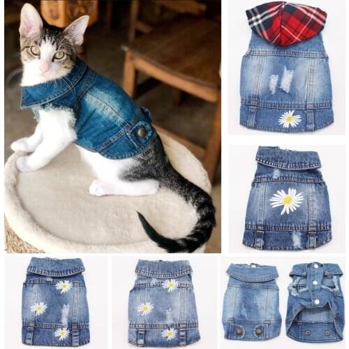2020 Newest Cat Jeans Vest Daisy Embroidery Clothes for Cats Spring Pet Costume Denim Kitten Jacket Fashion Cowboy Kat Shirt