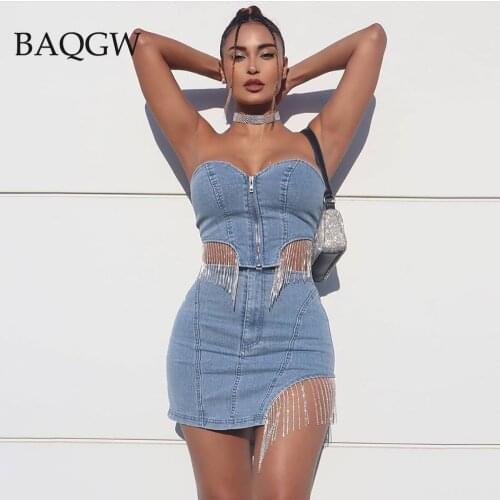 Sexy Summer Silver Tassel Denim Dress High Street Off Shoulder Women Strapless Mini Skirt Sexy Zipper Party Two Piece Dress Set
