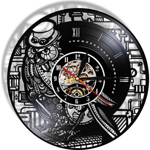 Steampunk Owl Vinyl Record Led Light Wall Clock Ornaments Watch Gears and Cogs Wall Watch Made Of Real Vinyl Record