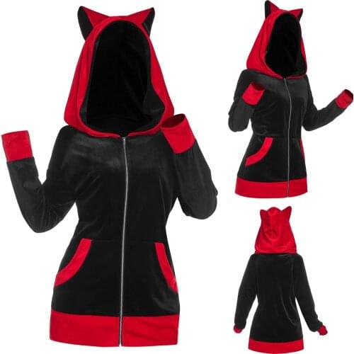 Unisex Long Sleeve Cosplay Cat Ear Faux Fur Zipper Hoodie Sweatshirt Harajuku Hoodies Girls Gothic Sweatshirts Tops Pullovers
