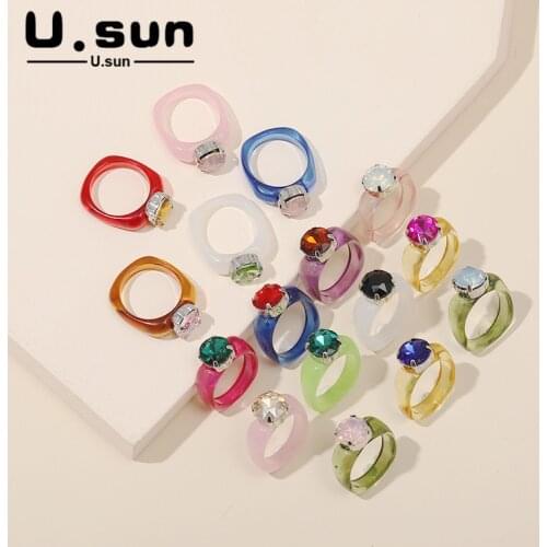 U.sun Acrylic Colorful Round Rhinestone Rings for Women Big Transparent Finger Ring Girls Vintage Female Crystal Fashion Jewelry