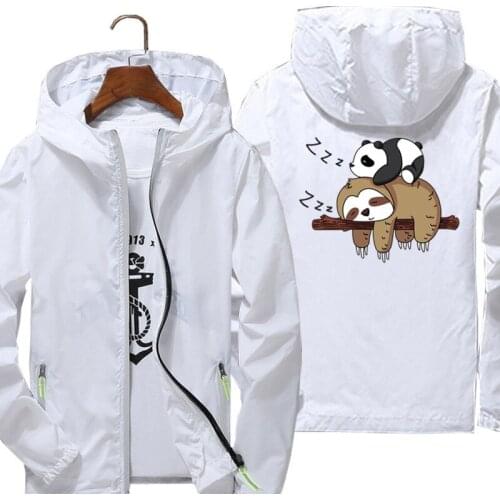 Mens Cute Panda Lying Sleeping On Sloth Lover Windbreaker Zipper Skin Thin Reflective Hooded Outdoor Pilot Jacket Oversized 7XL