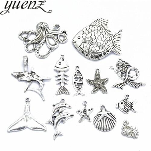 YuenZ 13PCS Mix Antique Silver color Fish Starfish Shark Octopus Charm Fit Metal Necklace Bracelet Pendant Jewelry making U013