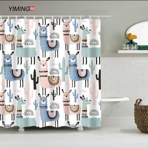 Cute cartoon alpaca print high quality shower curtain polyester waterproof bathroom decorative curtain with hook 72x72 inches
