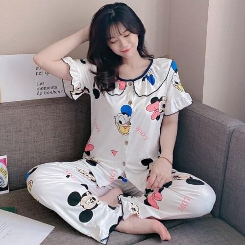 Disney mickey mouse Pajamas women summer short-sleeved home clothing large size cartoon sweet spring and autumn shorts sleepwear