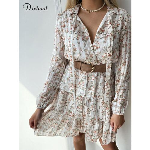 DICLOUD Floral Dresses For Women Lace Up Long Sleeve Cascading Ruffle Mini Party Dress New Autumn Fashion Print Ladies Vestidos