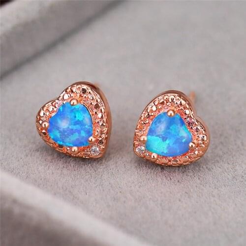 Charm Female White Blue Green Opal Earrings Rainbow Heart Stone Stud Earrings Rose Gold Silver Color Wedding Earrings For Women