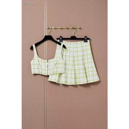 2021 New Fashion Runway Autumn Plaid Print Suits Womens Vintage Short Slash Neck Sleeveless Tops + Slim Mini Skirt 2 Piece Set