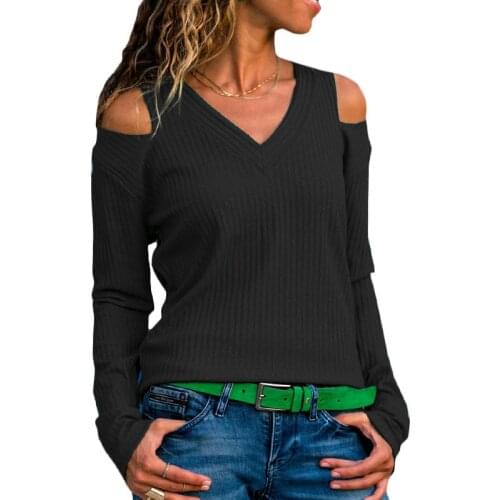 New Sweaters Fashion women 2019 Autumn Pullover Sexy V Neck Cold Shoulder Casual Solid Loose Long Sleeve Top Jumper