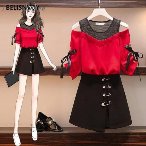 2021 Summer Womens Fashion Korean Chiffon Two Piece Set Age Reduced Gauze Patchwork Shirt + Mini Slim Skirt Suit