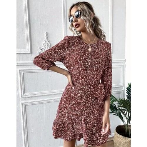 Womens Medium Length Printed Dress Long Sleeve Ruffled Hem Irregular Derss with Invisible Back Zipper